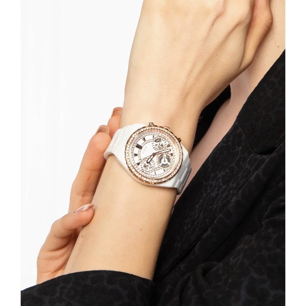 New GUESS Rose Gold-Tone and White Ceramic Multifunction Watch